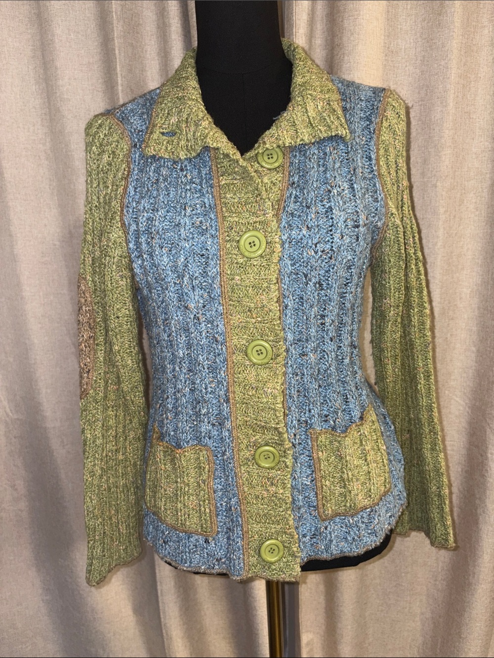 One Girl Who Blue and Green Knit Button-Up Blazer